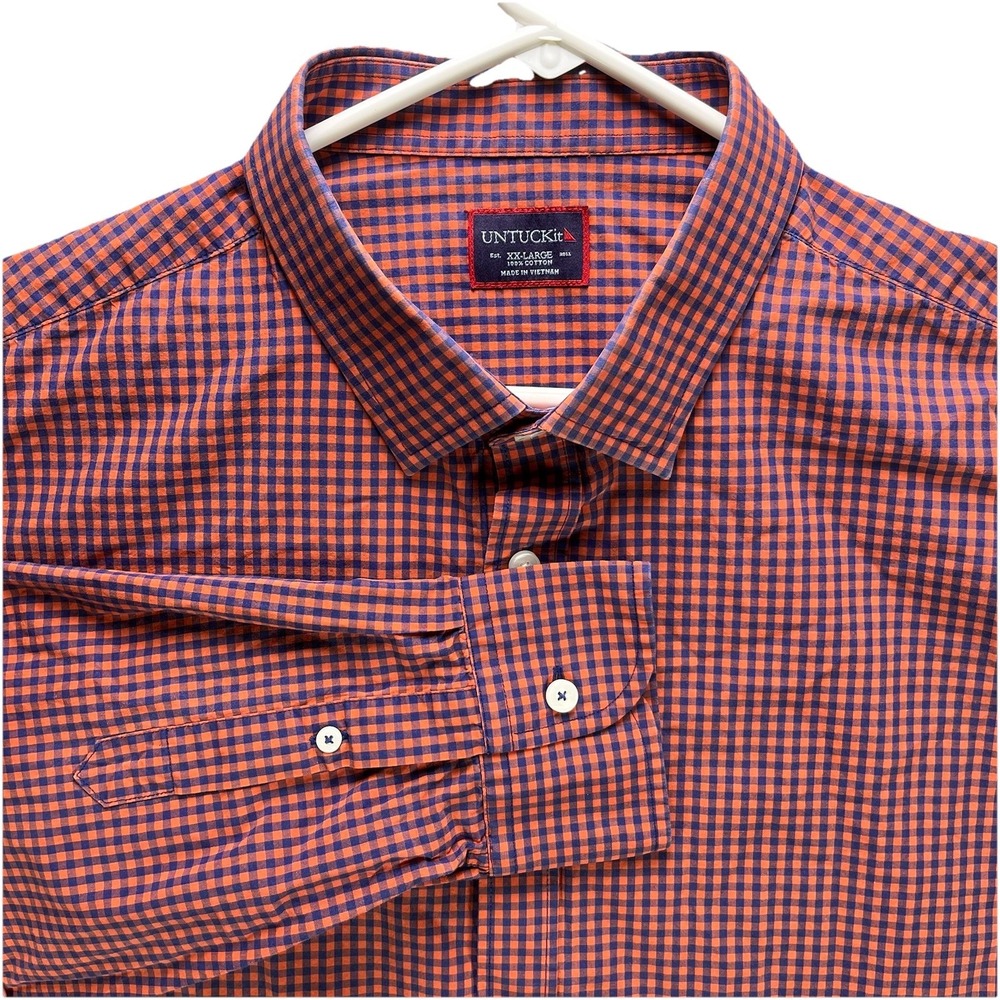Untuckit Shirt Mens 2XL Blue Orange Gingham Check Long Sleeve Button Up Dress